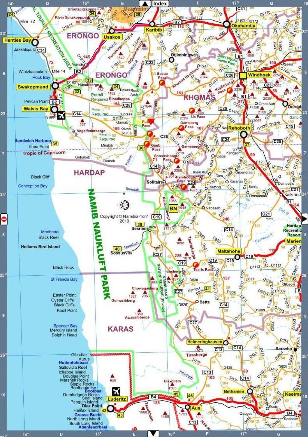 რუკა ნამიბია ტურისტული ატრაქციონები